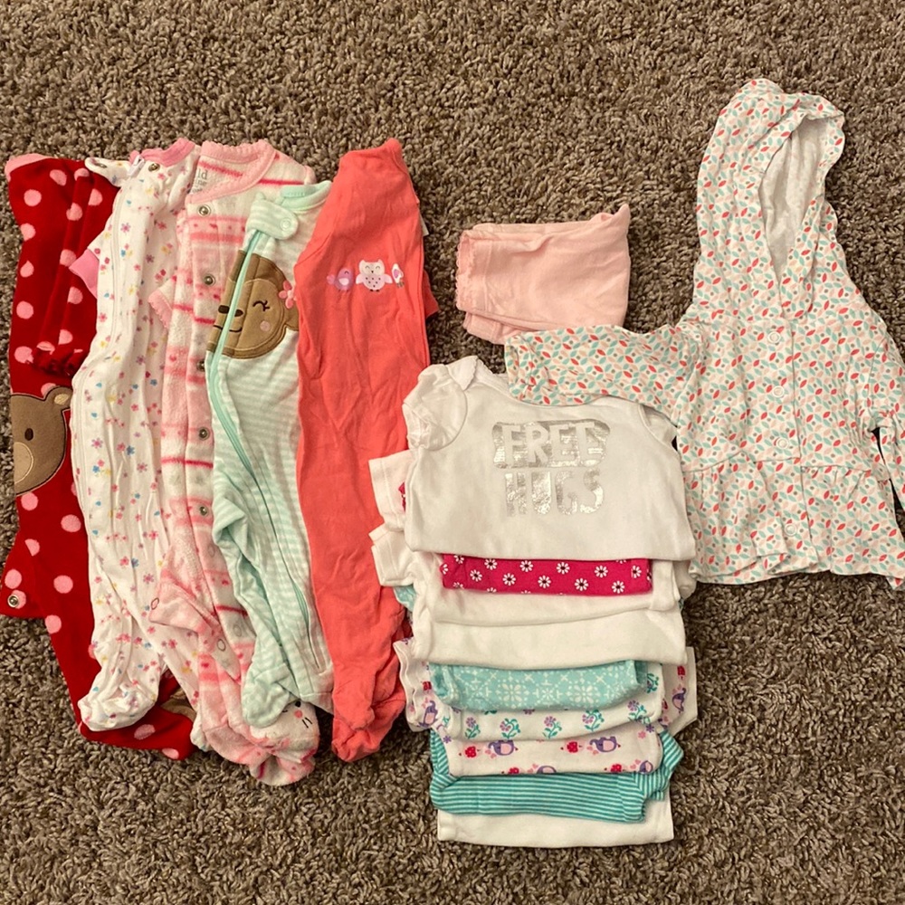Newborn bundle. Sleepers, onesies, jacket and pair of pants
